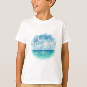 Ocean Flight - Watercolor Terns Over Turquoise Sea T-Shirt