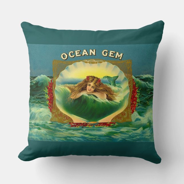 Ocean Gem mermaid cigar label print Cushion (Front)
