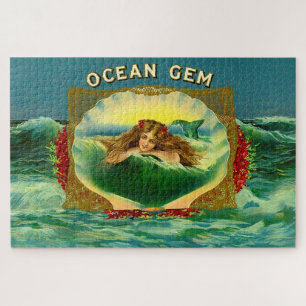 Ocean Gem mermaid cigar label print Jigsaw Puzzle