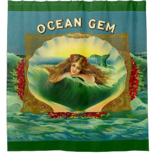 Ocean Gem mermaid cigar label print Shower Curtain