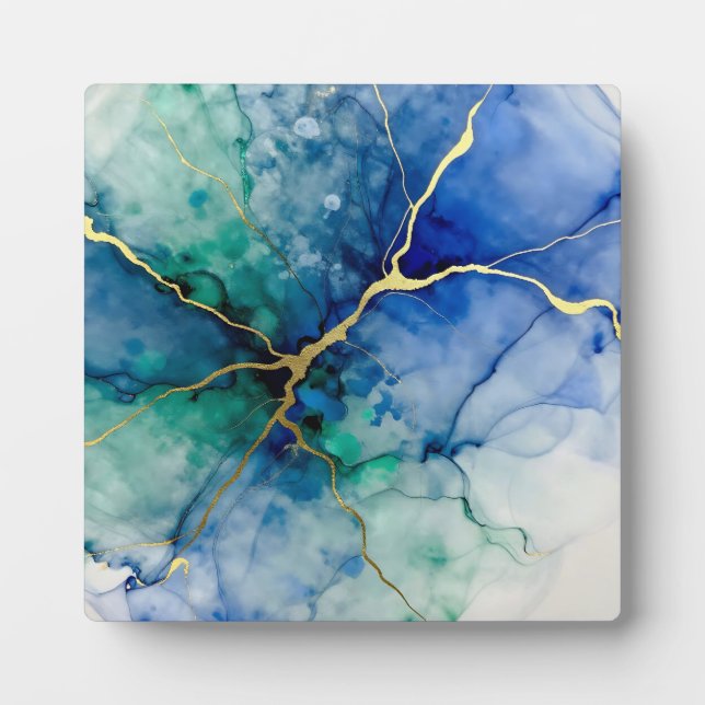 Ocean Geode Alcohol Ink Gold Veins Plaque (Front)
