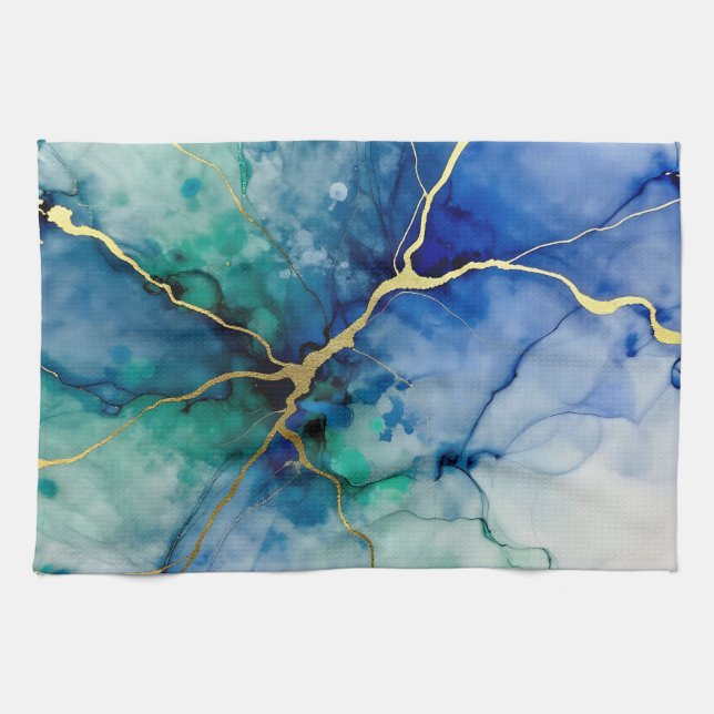 Ocean Geode Alcohol Ink Gold Veins Tea Towel (Horizontal)