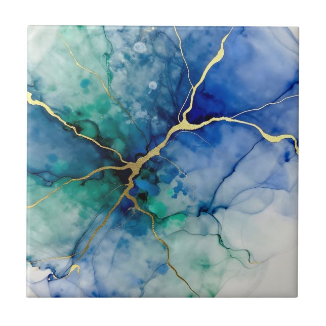 Ocean Geode Alcohol Ink Gold Veins Tile (Front)