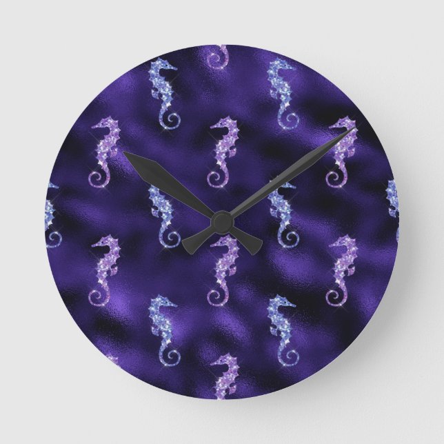 Ocean Glamour Colourful Sea Horse Pattern Round Clock (Front)