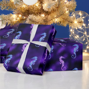 Ocean Glamour Purple Foil & Glitter Seahorses Wrapping Paper