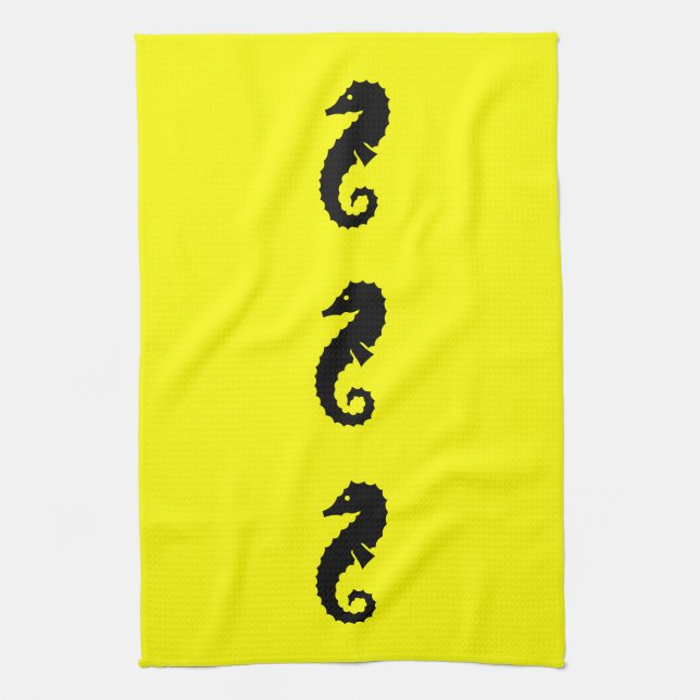 Ocean Glow_Black-on-Yellow Seahorse Tea Towel (Vertical)