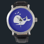Ocean Glow_White-on-Blue Whale Watch<br><div class="desc">It's time to go Whale watching, ! You'll make a huge splash with our Ocean Glow, maritime icons, White-on-Blue Whale wrist watch. If you're feeling creative, you can change the size and position of whale, the number of whales, or, the background colour. Just click "Customise it" and let the fun...</div>