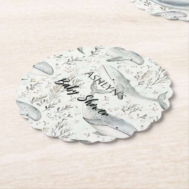 Ocean Grey Whales Baby Shower Paper Coaster (Angled)