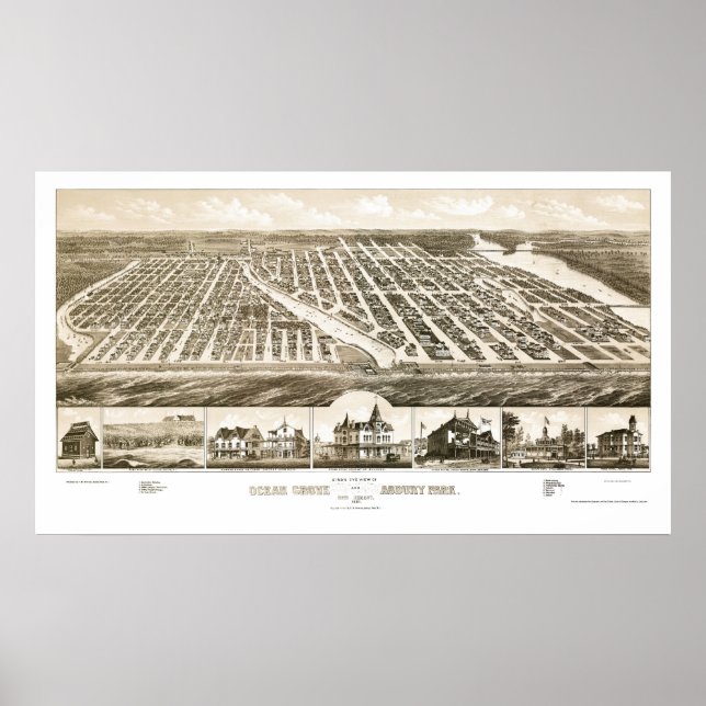 Ocean Grove & Asbury Park, NJ Panoramic Map - 1881 Poster (Front)