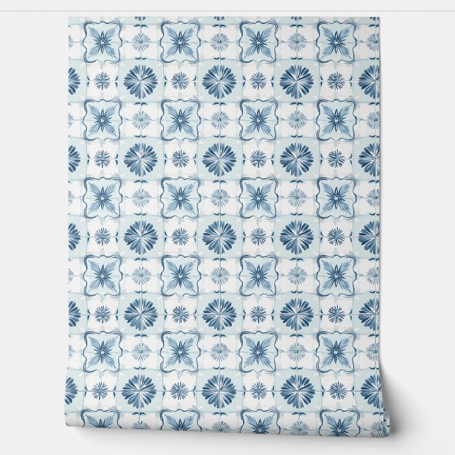 Ocean Harmony Tiles Petite - Soft Teal, White Wallpaper (Unrolling)