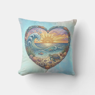 Ocean Heart Coastal Wave Sea Turtle Beach Sunset Cushion