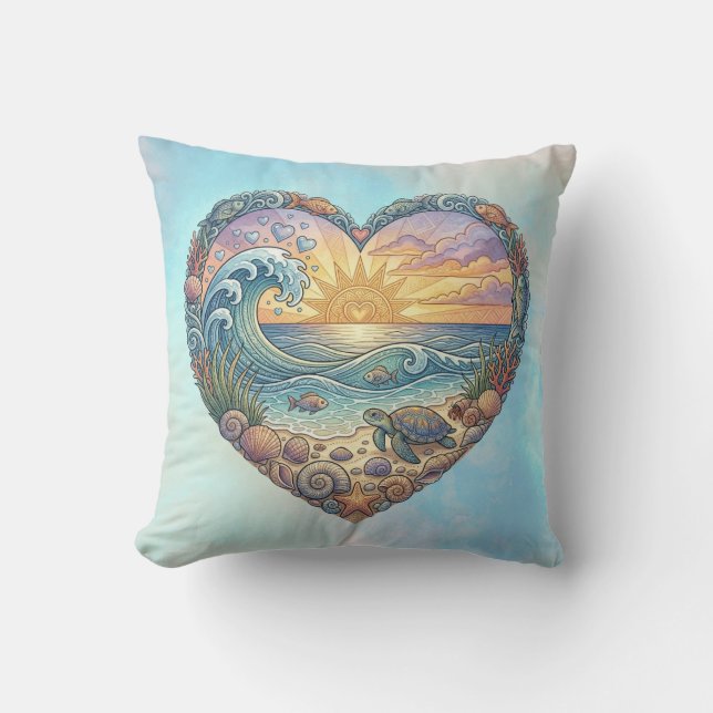 Ocean Heart Coastal Wave Sea Turtle Beach Sunset Cushion (Front)