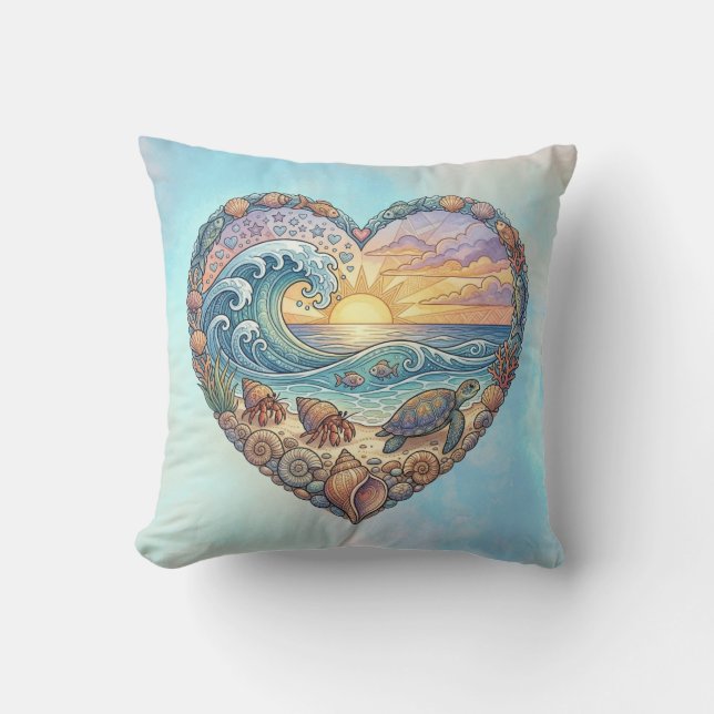 Ocean Heart Coastal Wave Sea Turtle Beach Sunset Cushion (Front)