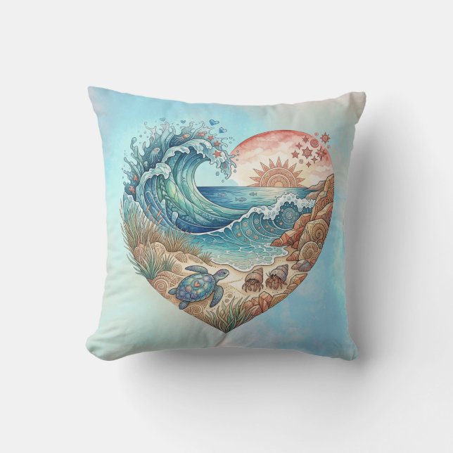 Ocean Heart Coastal Wave Sea Turtle Beach Sunset Cushion (Front)