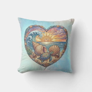 Ocean Heart Coastal Wave Sea Turtle Beach Sunset Cushion