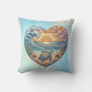 Ocean Heart Coastal Wave Sea Turtle Beach Sunset Cushion