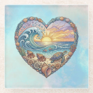 Ocean Heart Sea Turtle Coastal Beach Sunset Art Glass Coaster