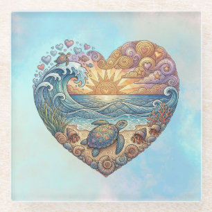 Ocean Heart Sea Turtle Coastal Beach Sunset Art Glass Coaster