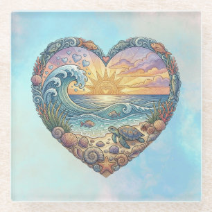 Ocean Heart Sea Turtle Coastal Beach Sunset Art Glass Coaster