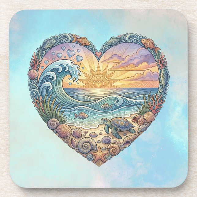 Ocean Heart Tropical Beach Wave Sea Turtle Art Coaster (Front)