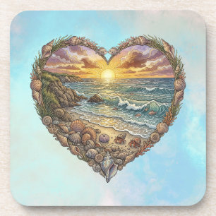 Ocean Heart Tropical Beach Wave Sea Turtle Art Coaster