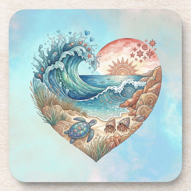 Ocean Heart Tropical Beach Wave Sea Turtle Art Coaster (Front)