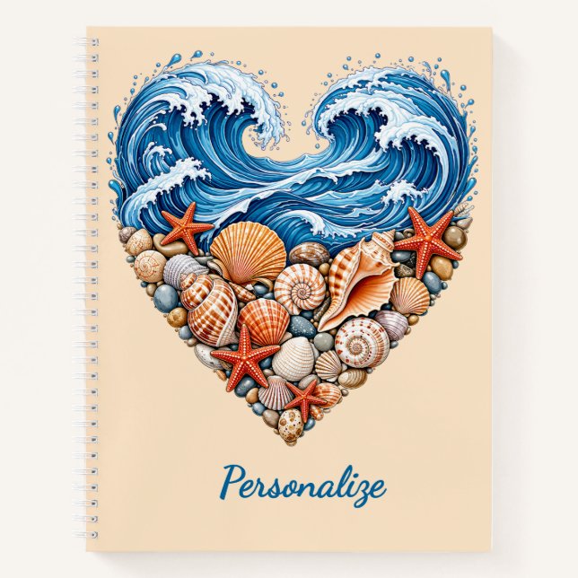 Ocean Heart Waves and Shells – Coastal Personalise Notebook (Front)