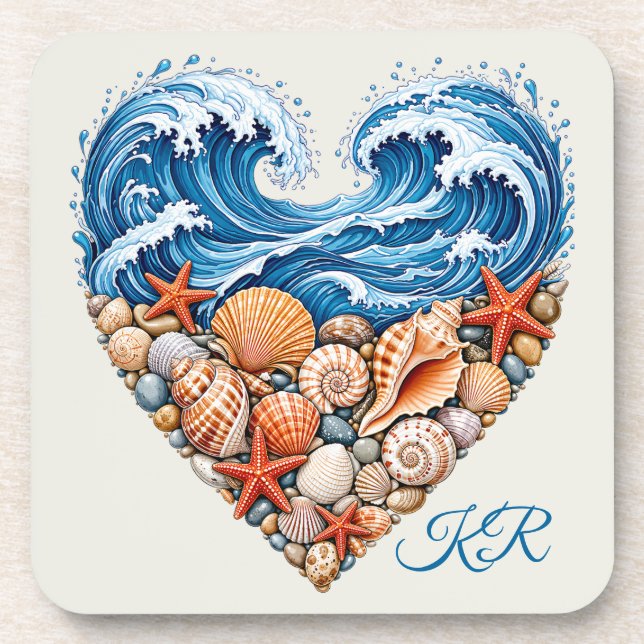Ocean Heart Waves Seashells – Coastal Personalise Coaster (Front)