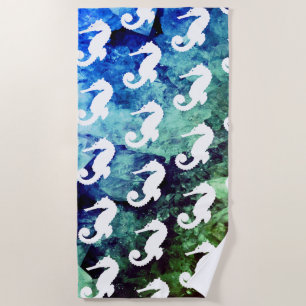Ocean Hues White Seahorses Beach Towel