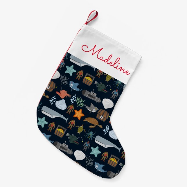 Ocean Inhabitants Pattern | Add Your Name Small Christmas Stocking (Front (Hanging))