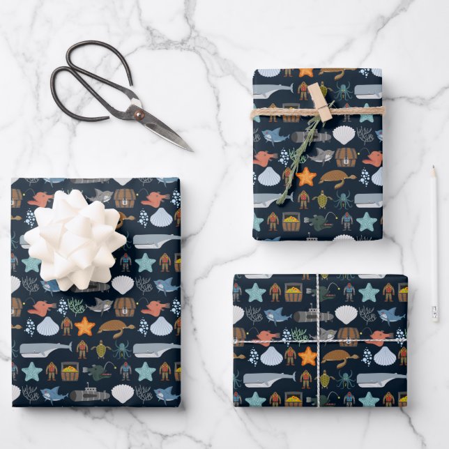 Ocean Inhabitants Pattern Wrapping Paper Sheet (Front)