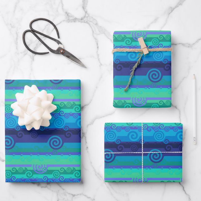 Ocean Inspired Blended Waves of Aqua Blue Wrapping Paper Sheet (Front)