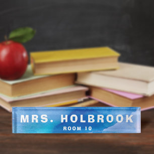 Ocean Inspired Blue Watercolor Teacher's Desk  Nameplate