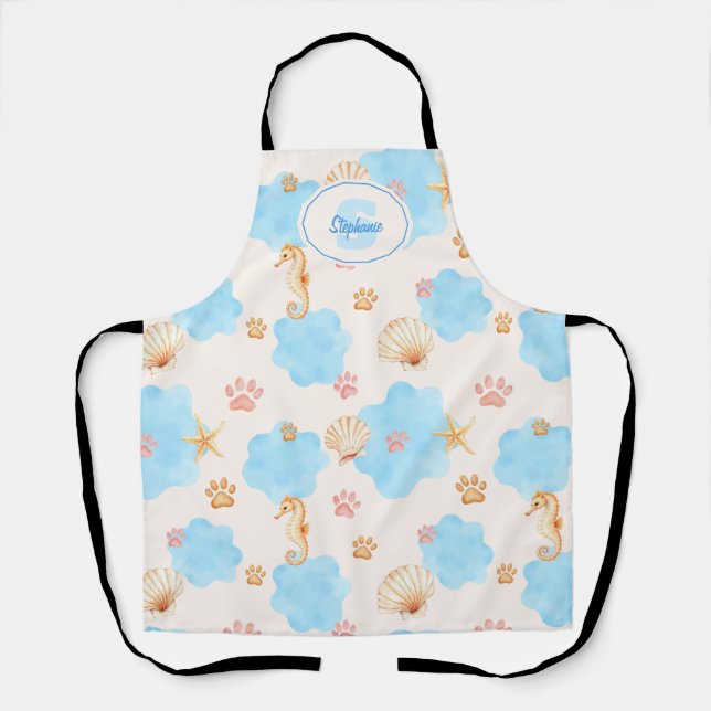 Ocean-Inspired Paw Print Pattern with Seahorses 2 Apron (Front)