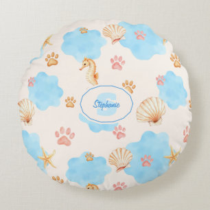 Ocean-Inspired Paw Print Pattern with Seahorses 2 Round Cushion