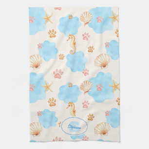 Ocean-Inspired Paw Print Pattern with Seahorses 2 Tea Towel