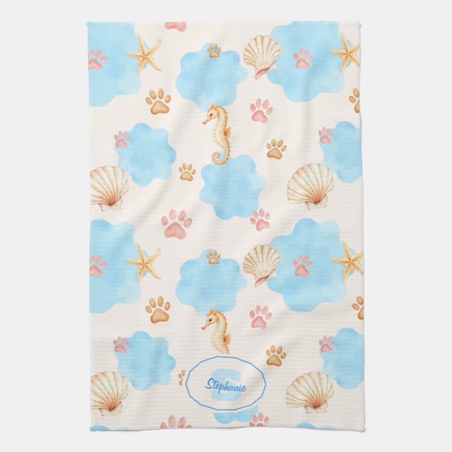 Ocean-Inspired Paw Print Pattern with Seahorses 2 Tea Towel (Vertical)