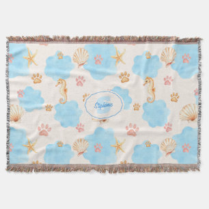 Ocean-Inspired Paw Print Pattern with Seahorses 2 Throw Blanket