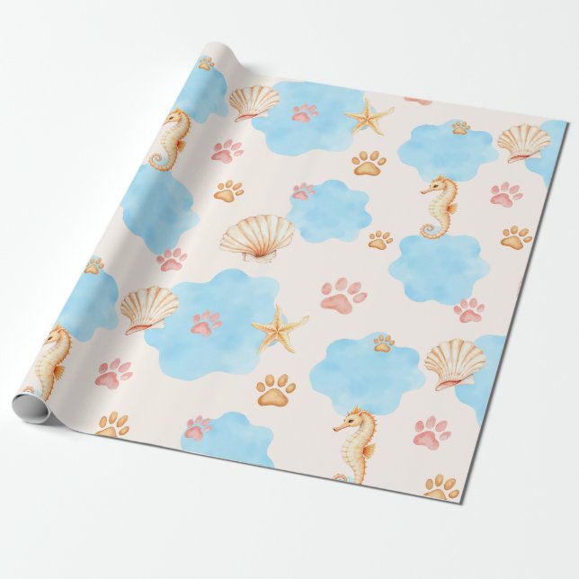 Ocean-Inspired Paw Print Pattern with Seahorses 2 Wrapping Paper (Unrolled)