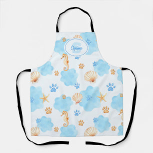Ocean-Inspired Paw Print Pattern with Seahorses Apron