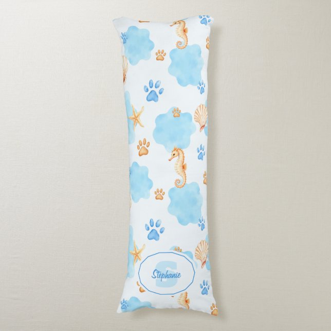 Ocean-Inspired Paw Print Pattern with Seahorses Body Cushion (Front Vertical)