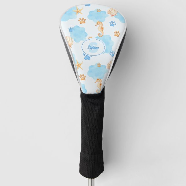 Ocean-Inspired Paw Print Pattern with Seahorses Golf Head Cover (Front)