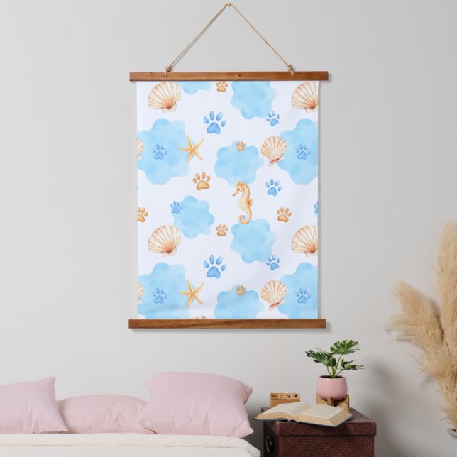 Ocean-Inspired Paw Print Pattern with Seahorses Hanging Tapestry (Bedroom)