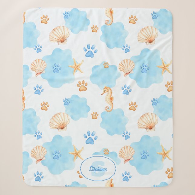 Ocean-Inspired Paw Print Pattern with Seahorses Sherpa Blanket (Front)