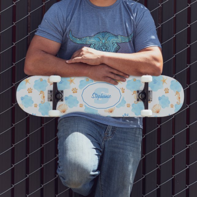 Ocean-Inspired Paw Print Pattern with Seahorses Skateboard (Outdoor 3)