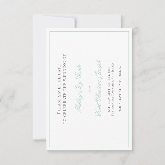 Ocean Jade, mint green classic save the date card (Front)