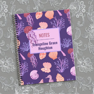 Ocean jellyfish and shells purple notebook