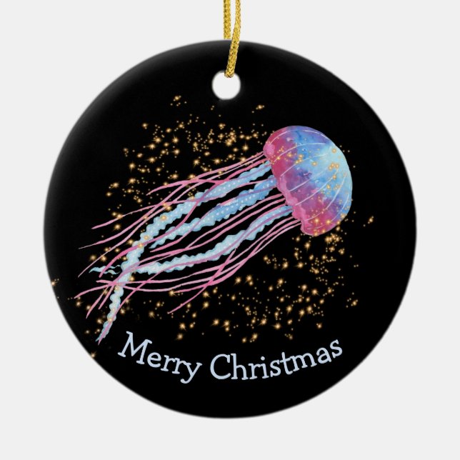 Ocean Jellyfish Sparkle Christmas Ceramic Tree Decoration (Front)