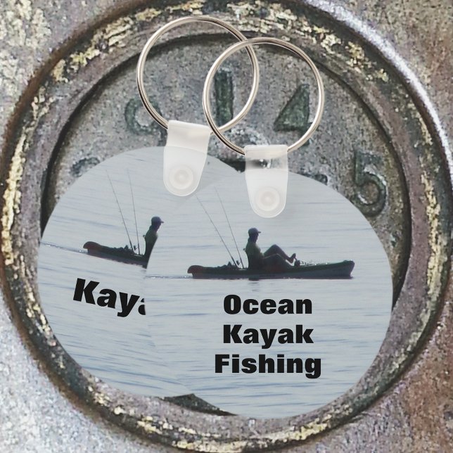Ocean Kayak Fishing Black Silhouette Kayaking Blue Key Ring (Ideal hat for a kayak fisherman. Customize the text for ocean of lake fishing and personalized name.)
