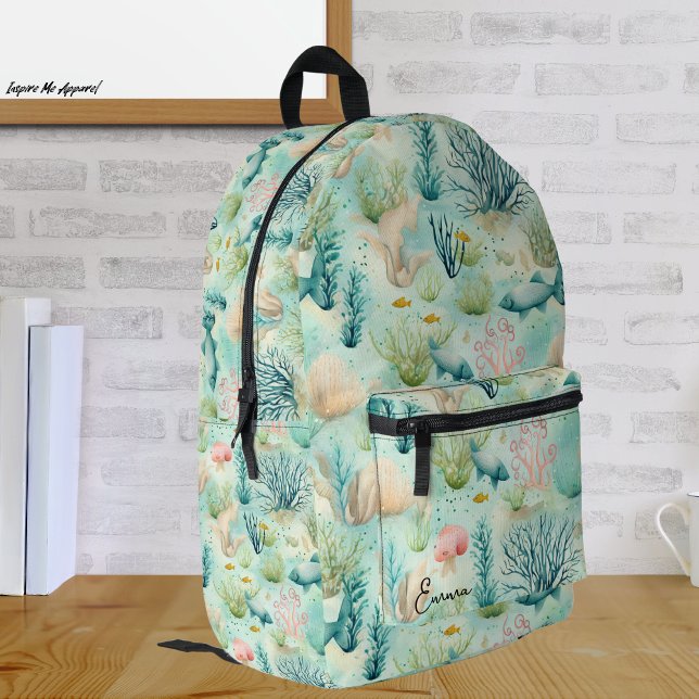 Ocean Life Blue Underwater Watercolor Pattern  Printed Backpack (Creator Uploaded)